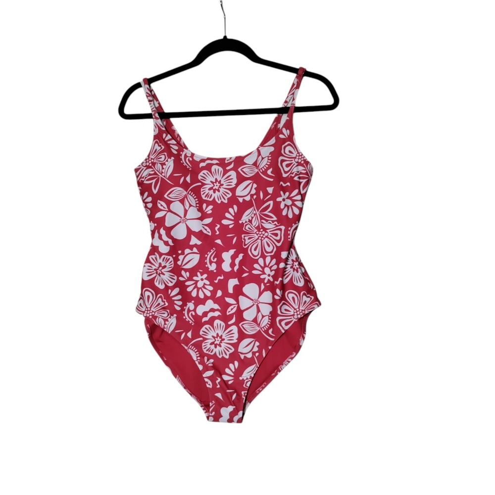 Old Navy Womens Red White Floral One Piece Swimsuit Scoop Neck Size L‎